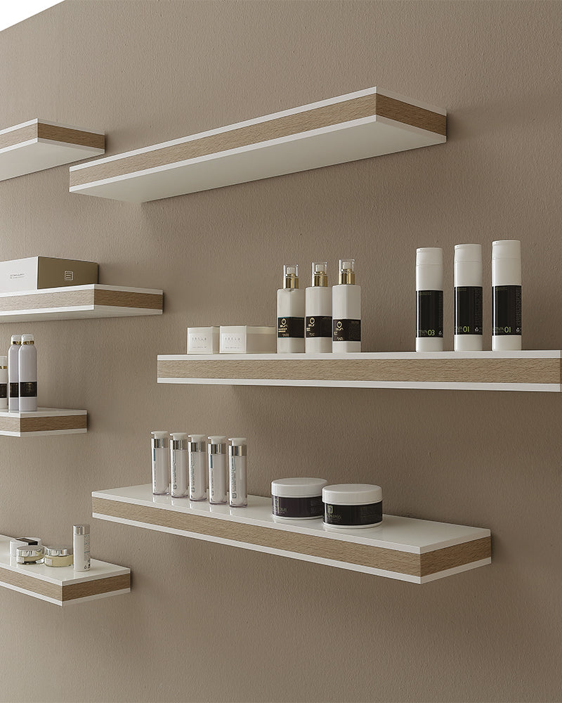 Stratos - Biała półka sprzedażowa - Krawędź we wzorze dębowym